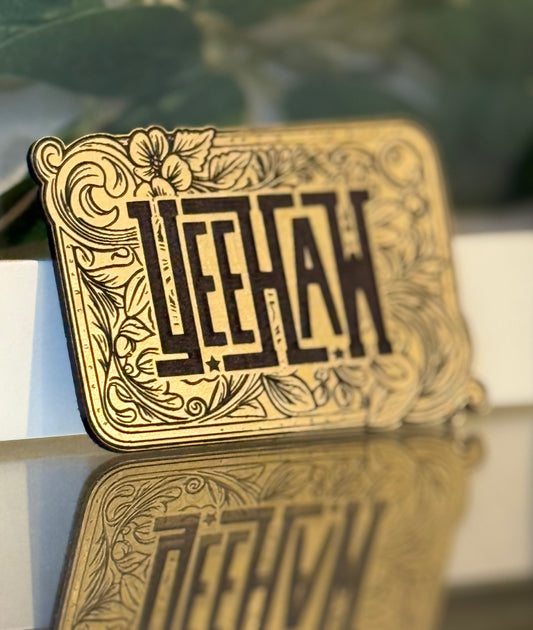 Gold Engraved YeeHaw Buckle Hat Patch