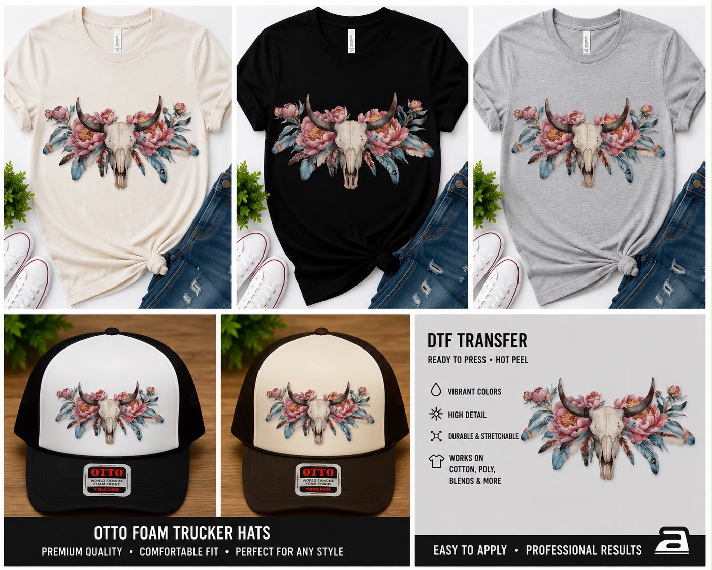 Western Floral Skull DTF Transfer