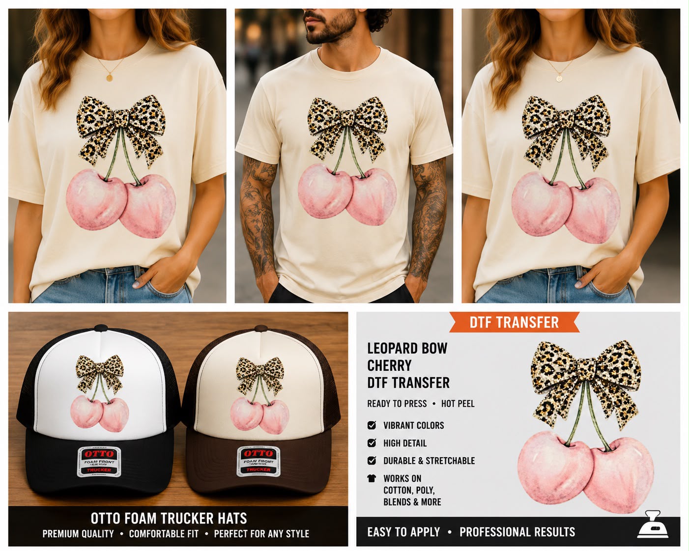 Leopard Bow Cherry DTF Transfer